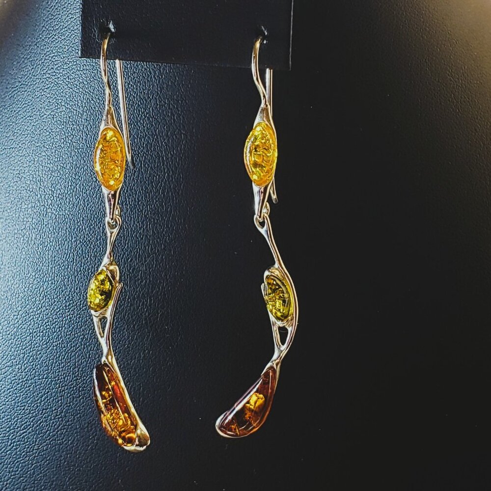 New Artisan Multi-Color Baltic Amber .925 Sterling Silver Dangle Earrings | NWOT